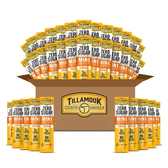 Tillamook Country Smoker Zero YYF14 Sugar Teriyaki Mini Smoked Sausages, 0.33 oz, 36 Ct, Individually Wrapped Beef Sticks for Kids' School Snacks, Lunchboxes, Travel, Real Hardwood Smoked
