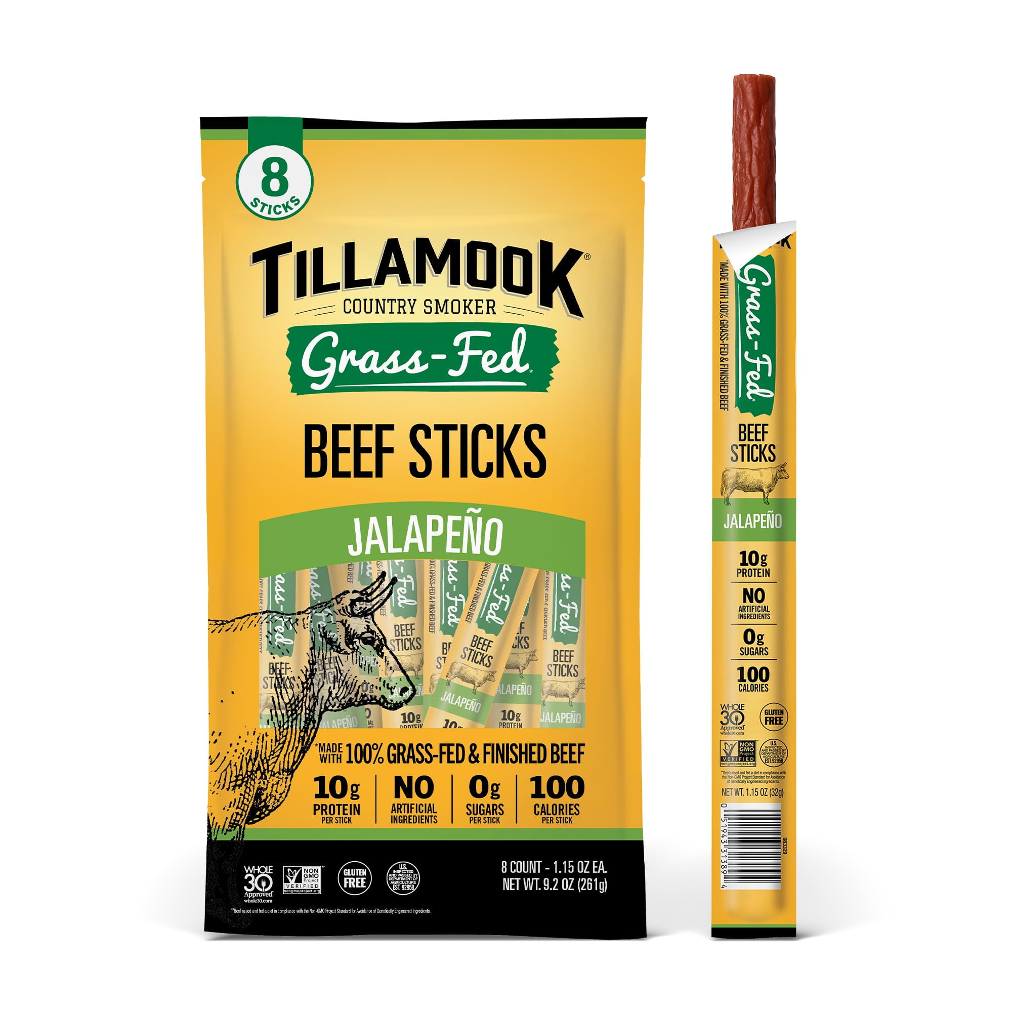 Tillamook Country Smoker 100% AKF18 Grass Fed Beef Sugar, Jalapeo, 1.15 Ounce (8-Pack) Whole30 Approved, Non GMO Clean Meat Snacks, High Protein, Gluten Free, Individually Wrapped, Keto Snack