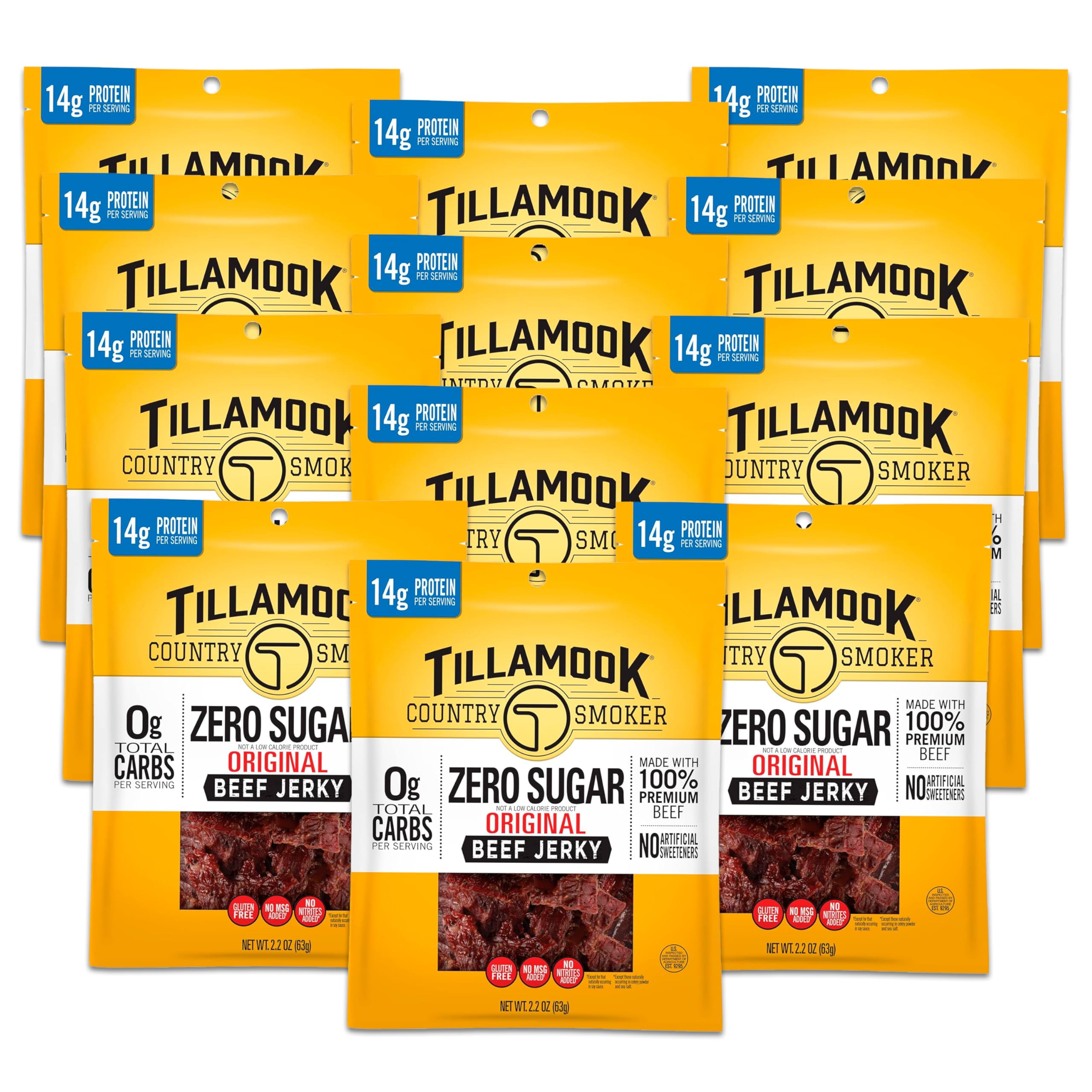 Tillamook Country SmokerITSCOriginal Beef Jerky, Zero Sugar, 14g Protein per Serving, Gluten Free, 2.2 Ounce (Pack of 12)