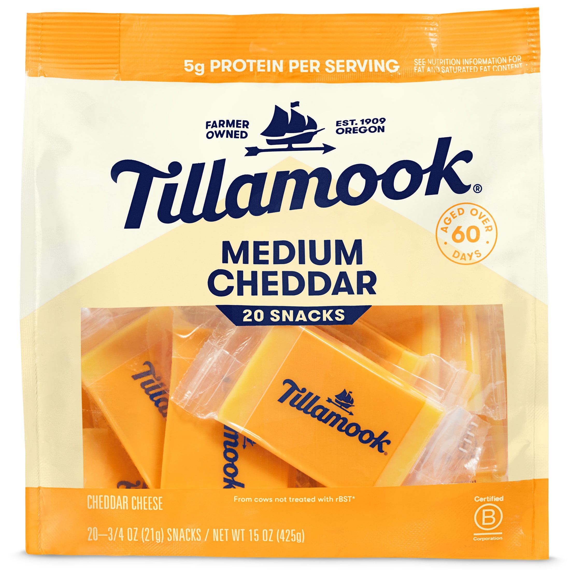 Tillamook Medium Cheddar Cheese Snack Portions, 15 oz, 20 Count