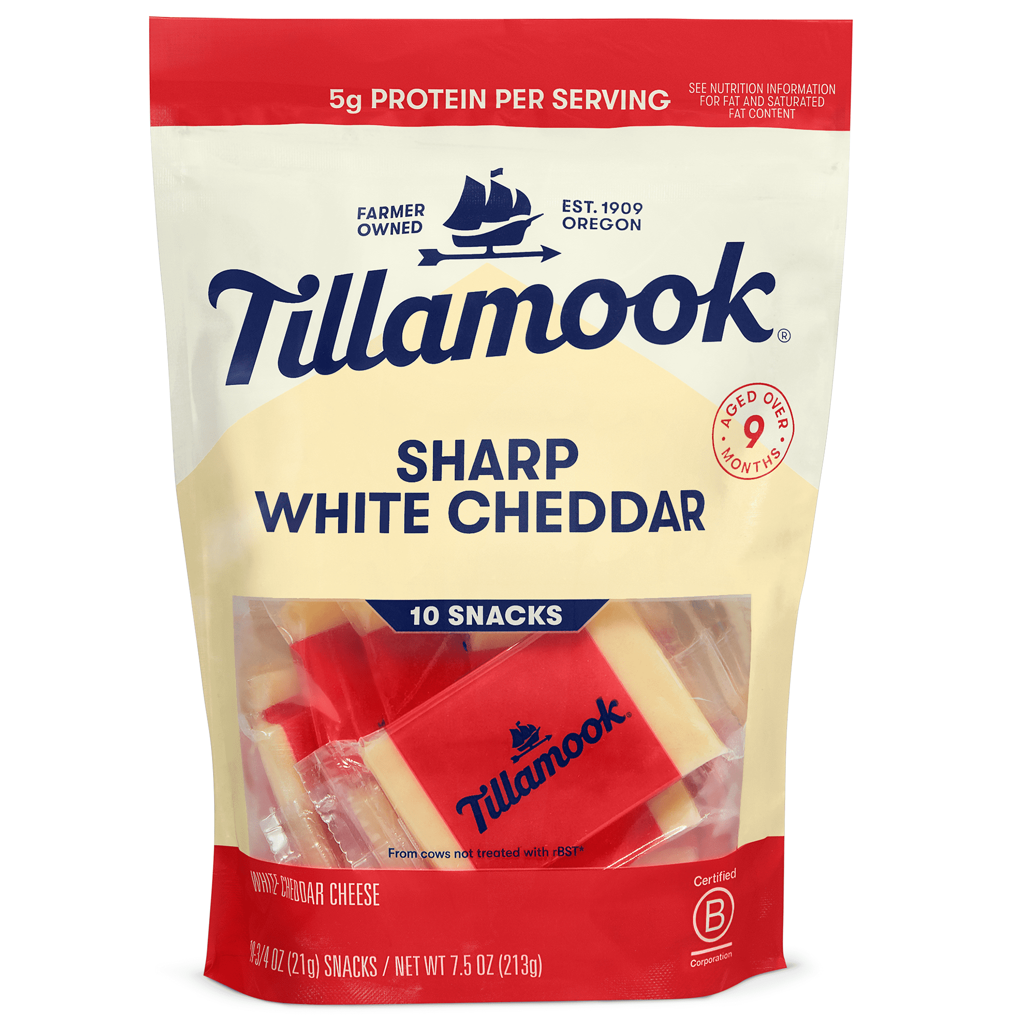 Tillamook Sharp White Cheddar Cheese Snack Portions, 10 Count, 7.5 oz