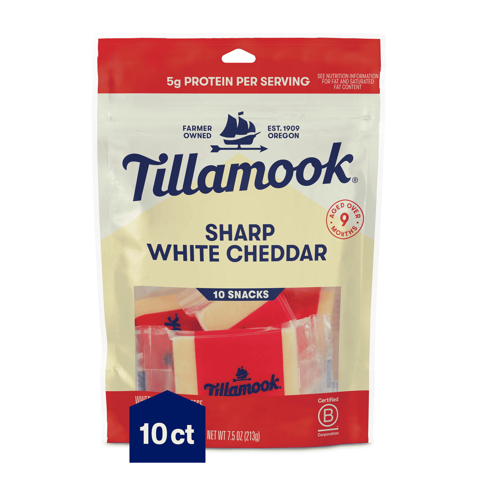 Tillamook Sharp White Cheddar Cheese Snack Portions, 10 Count, 7.5 oz