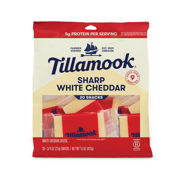 Tillamook Sharp White Cheddar Cheese Snack Portions, 15 oz, 20 Count