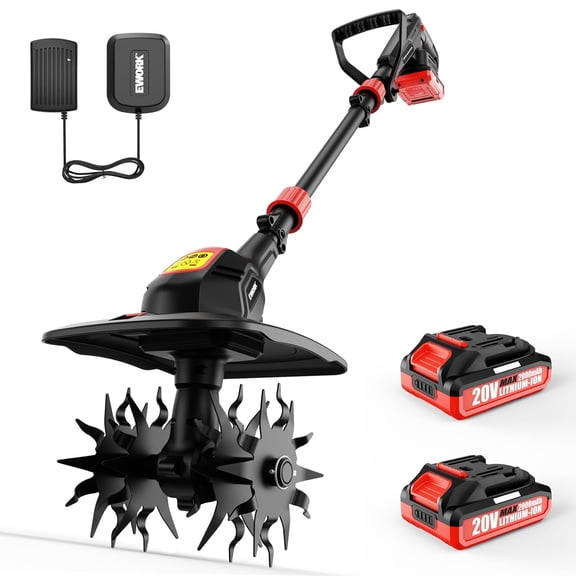 EWORK 20V Cordless Tiller Cultivator with 2 2.0Ah Batteries & Fast Charger, 9" Width 7" Depth Electric Garden Rototiller for Yard Lawn Soil Cultivation