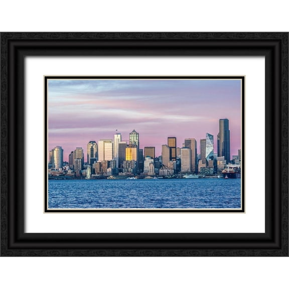 Tilley, Rob 14x11 Black Ornate Wood Framed with Double Matting Museum Art Print Titled - Washington State-Seattle Skyline at Sunset