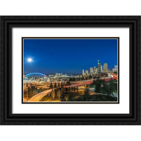 Tilley, Rob 18x13 Black Ornate Wood Framed with Double Matting Museum Art Print Titled - Washington State-Seattle Full Moon Over Downtown