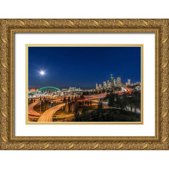 Tilley, Rob 18x13 Gold Ornate Wood Framed with Double Matting Museum Art Print Titled - Washington State-Seattle Full Moon Over Downtown