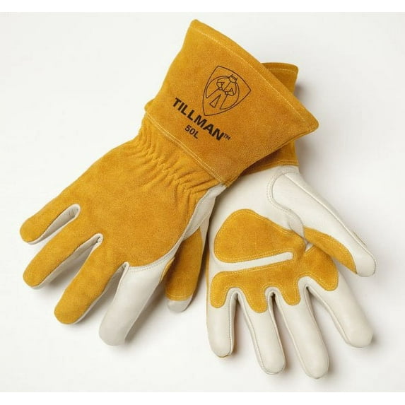 Tillman Medium 14'' Pearl Top Grain Side Split Cowhide Fleece Lined Premium Grade MIG Welders Gloves With Gauntlet Cuff, Seamless Index Finger And Elastic Back (Carded)