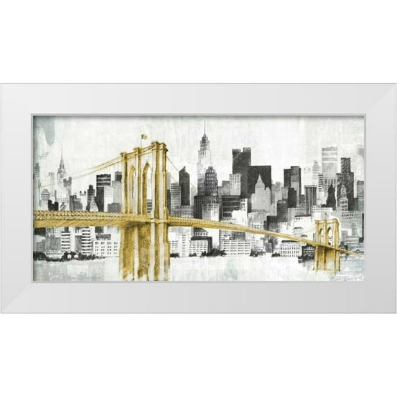 Tillmon, Avery 24x14 White Modern Wood Framed Museum Art Print Titled - New York Skyline I Yellow Bridge no Words