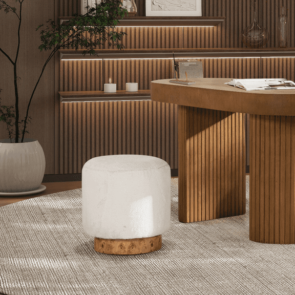 Tilly 16.5" Round Fur Upholstered & Burl Pouf Ottoman - Cottontail White Faux Fur | Compact Design | Multi-Functional | Natural Texture Base