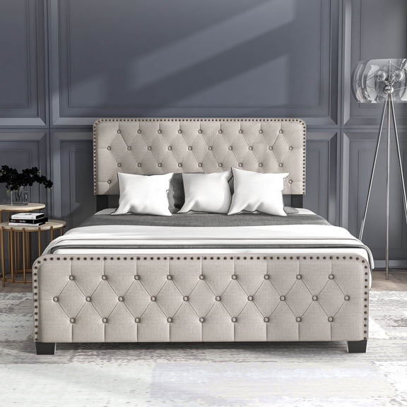Tilly Tufted Fabric Panel Bed, Eastern King, Beige