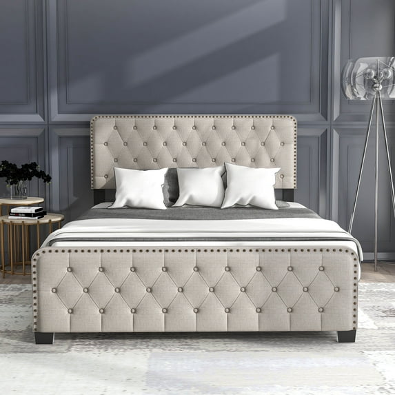 Tilly Tufted Fabric Panel Bed, Queen, Beige