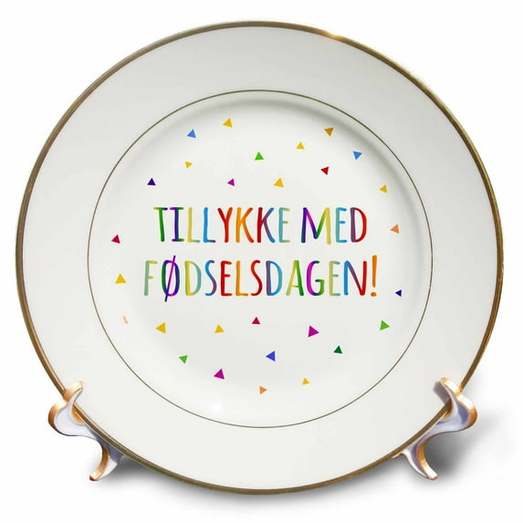 3dRose, Tillykke med fodselsdagen - Happy birthday in Danish. colorful Denmark, 8 inch Porcelain Plate