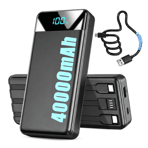 Tilnce 40000mAh Power Bank, 22.5W PD Fast Charging Portable Charger with 3 Built-in Cables and 2 Ports, Smart LED Display, NTC Safe External Battery Pack for iPhone 17 16 15, Samsung, Camping