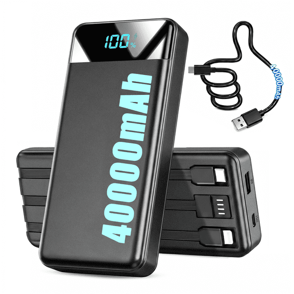 Tilnce 40000mAh Power Bank, 22.5W PD Fast Charging Portable Charger with 3 Built-in Cables and 2 Ports, Smart LED Display, NTC Safe External Battery Pack for iPhone 17 16 15, Samsung, Camping