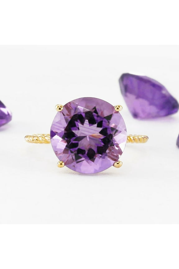 14K Yellow Gold 5 Carat Natural Amethyst Solitaire Engagement Ring with Twist Rope Band | Size 7 | Gemstone Statement Ring for Women, Girls, Unisex