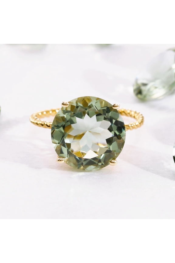 14K Yellow Gold 5 Carat Natural Green Amethyst Solitaire Engagement Ring with Twist Rope Band | Size 6 | Gemstone Statement Ring for Women, Girls, Unisex