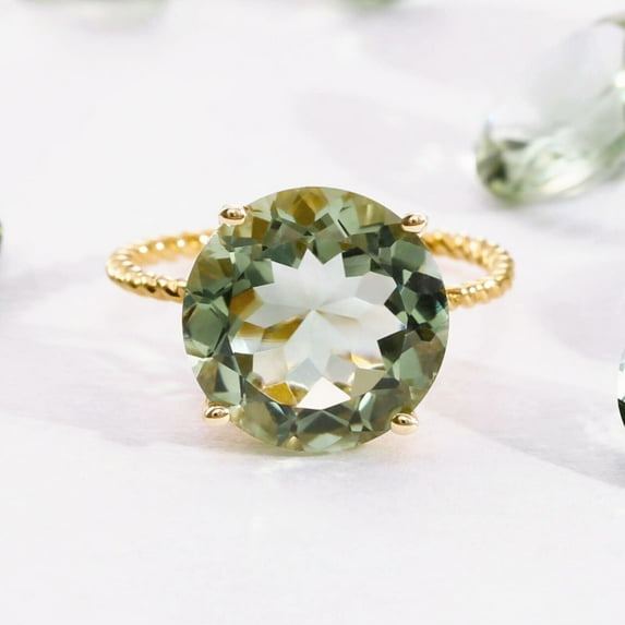 Tilo Jewelry 14K Yellow Gold 5 Carat Natural Green Amethyst Solitaire Engagement Ring with Twist Rope Band | Size 8 | Gemstone Statement Ring for Women, Girls, Unisex