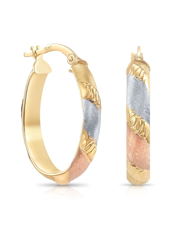 10K Tri-Color Gold Oval Chunky Italian Hoop Earrings with Diamond-Cut Engraving for Women & Unisex | 20mm