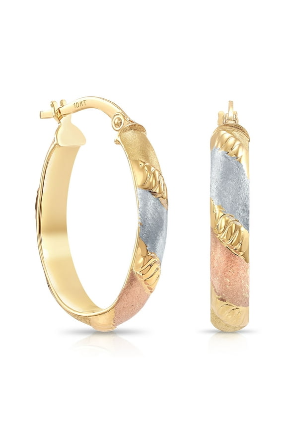 10K Tri-Color Gold Oval Chunky Italian Hoop Earrings with Diamond-Cut Engraving for Women & Unisex | 20mm