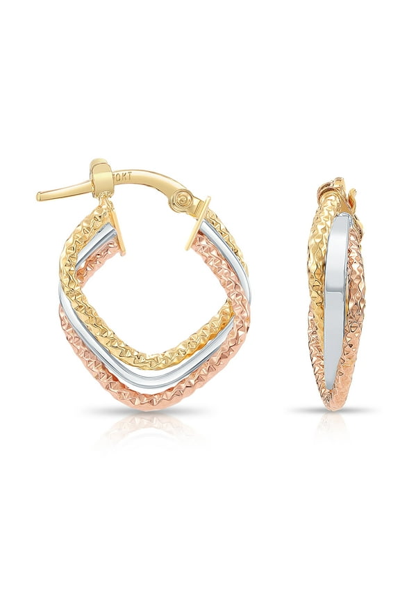 10K Tri-Color Gold Triple Twisted Square Italian Hoop Earrings with Diamond-Cut Engraving for Women & Unisex | 20mm