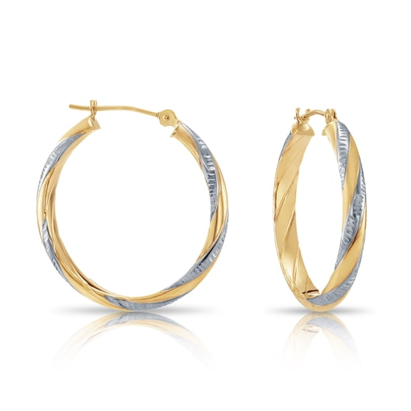 Tilo Jewelry 10K Two-Tone Gold Polished Twisted Round Chunky Gold Hoop Earrings with Diamond-Cut Engraved | 25mm - 1 Inch | Everyday Earrings for Women & Unisex