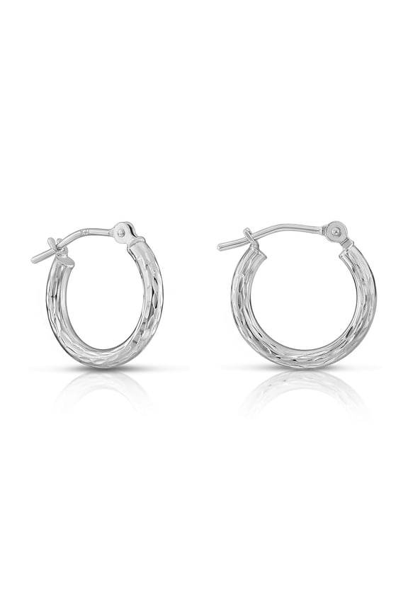 10K White Gold Hand Engraved Full Diamond-Cut Round Hoop Earrings (13mm) for Women & Unisex