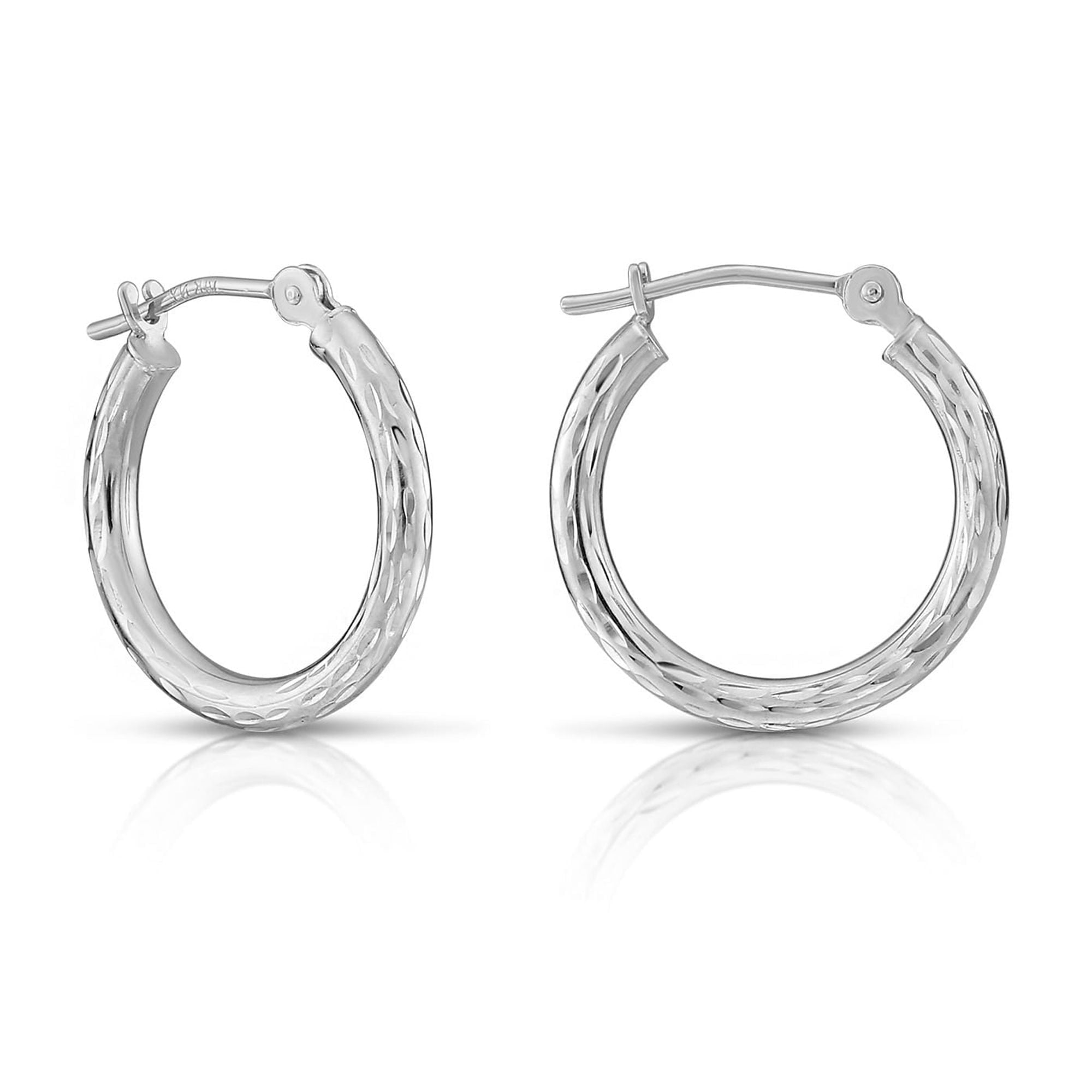 Tilo Jewelry 10K White Gold Hand Engraved Full Diamond-Cut Round Hoop Earrings (16mm) for Women & Unisex