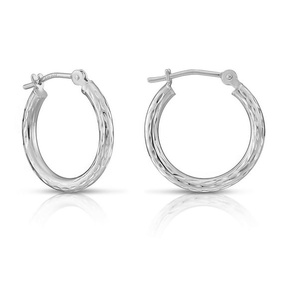 Tilo Jewelry 10K White Gold Hand Engraved Full Diamond-Cut Round Hoop Earrings (16mm) for Women & Unisex
