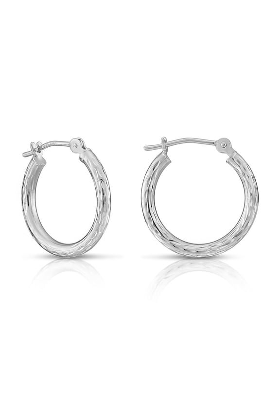 10K White Gold Hand Engraved Full Diamond-Cut Round Hoop Earrings (16mm) for Women & Unisex