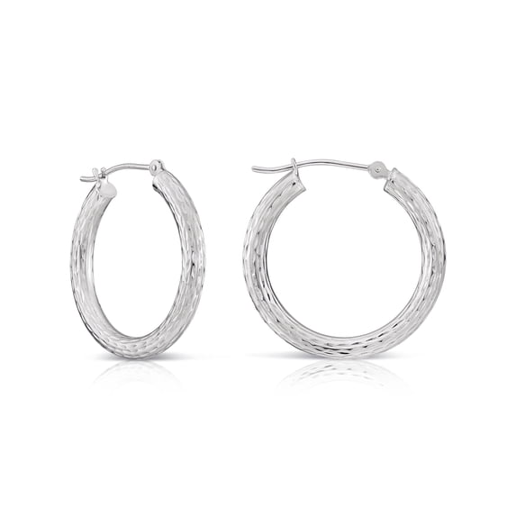 Tilo Jewelry 10K White Gold Hand Engraved Full Diamond-Cut Round Hoop Earrings (25mm - 1 Inch) for Women & Unisex