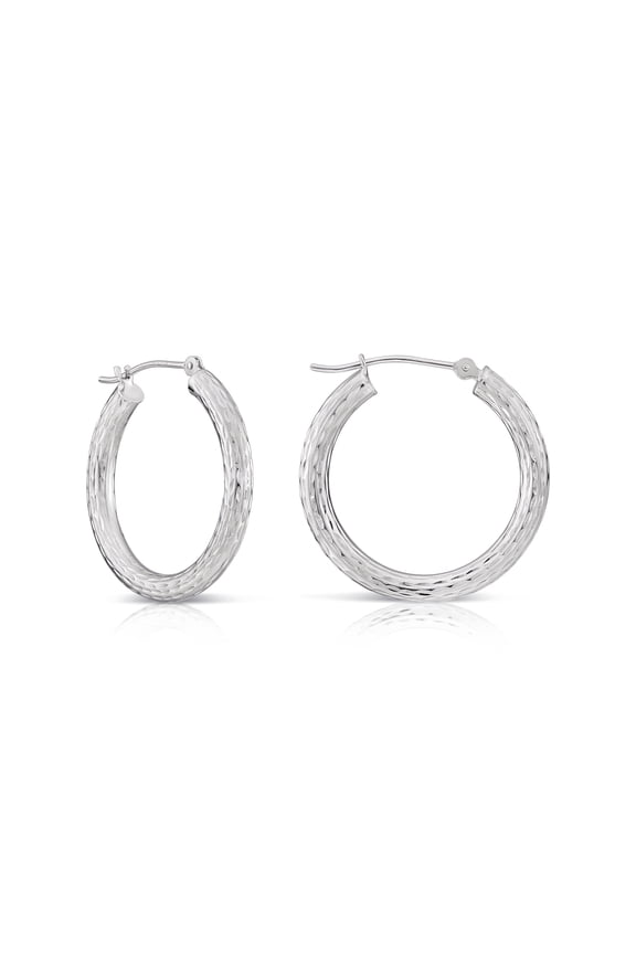10K White Gold Hand Engraved Full Diamond-Cut Round Hoop Earrings (25mm - 1 Inch) for Women & Unisex
