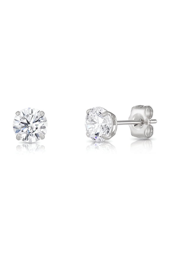 10K White Gold Solitaire Round CZ Stud Post Earrings with Secure Push-backs | 5mm | Classic Everyday Earrings | Women, Men, Unisex