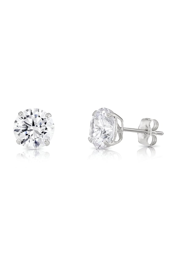 10K White Gold Solitaire Round CZ Stud Post Earrings with Secure Push-backs | 7mm | Classic Everyday Earrings | Women, Men, Unisex