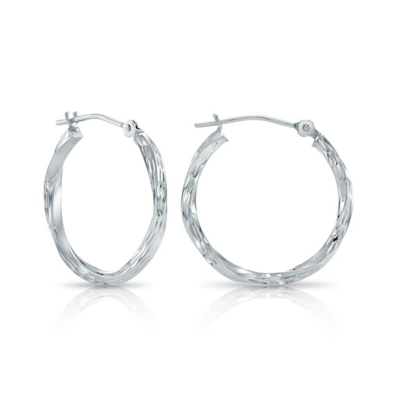 Tilo Jewelry 10K White Gold Twisted Round Hoop Earrings with Diamond-Cut Engraving | 20mm | Everyday Earrings for Women & Unisex