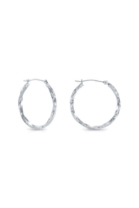 10K White Gold Twisted Round Hoop Earrings with Diamond-Cut Engraving | 25mm - 1 Inch | Everyday Earrings for Women & Unisex
