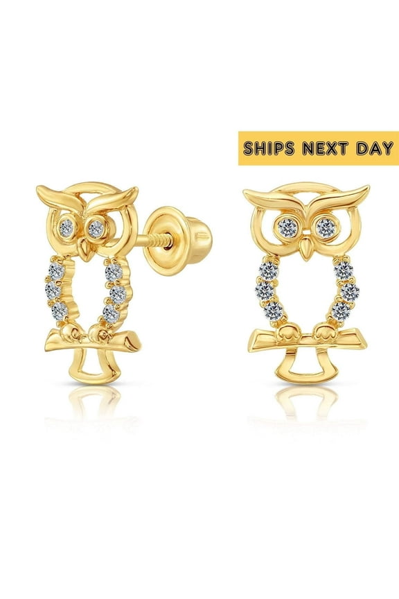 10K Yellow Gold CZ Owl Stud Post Earrings with Secure Screw-Backs | Everyday Dainty Small Earrings for Women & Unisex