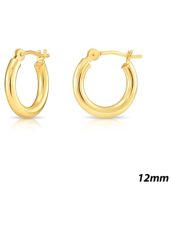 10K Yellow Gold Classic Polished Round Gold Hoop Earrings (12mm) for Women & Unisex
