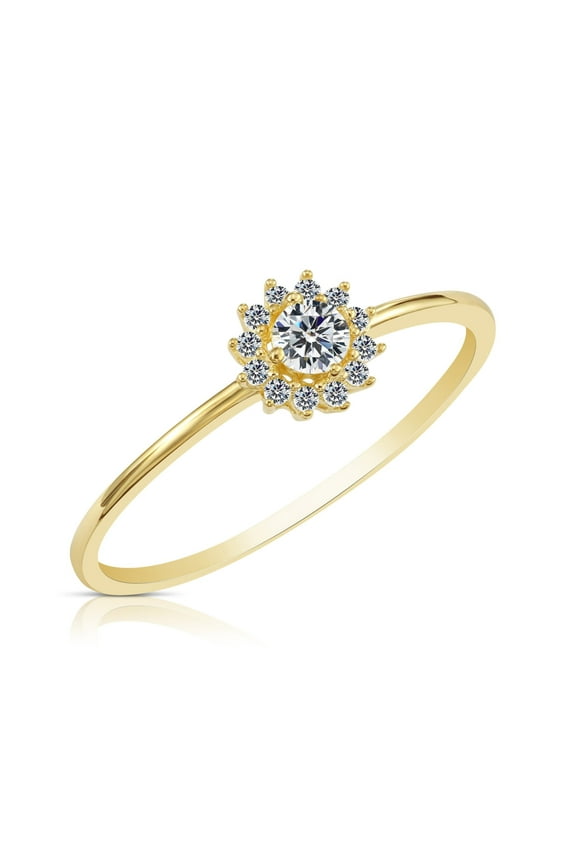 10K Yellow Gold Dainty Halo Flower Ring with Cubic Zirconia CZ Stones | Size 5 | Women & Unisex