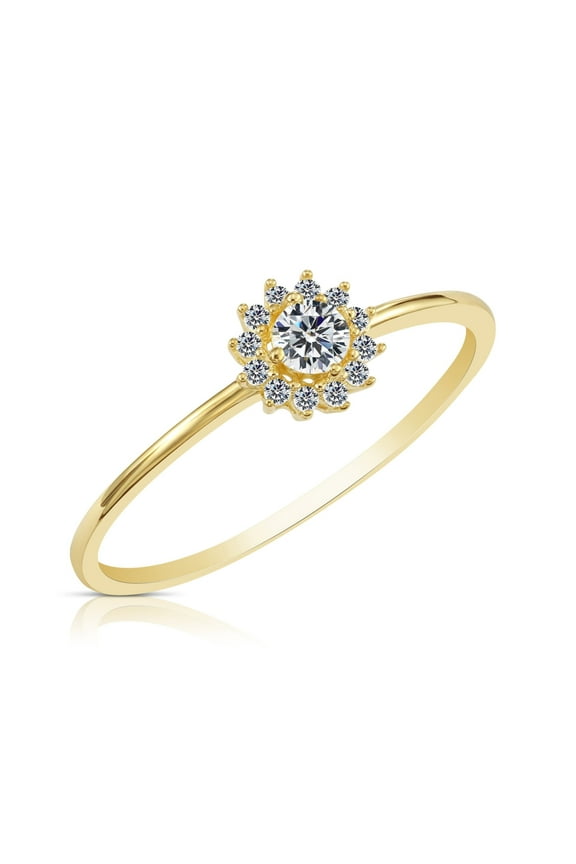 10K Yellow Gold Dainty Halo Flower Ring with Cubic Zirconia CZ Stones | Size 6 | Women & Unisex