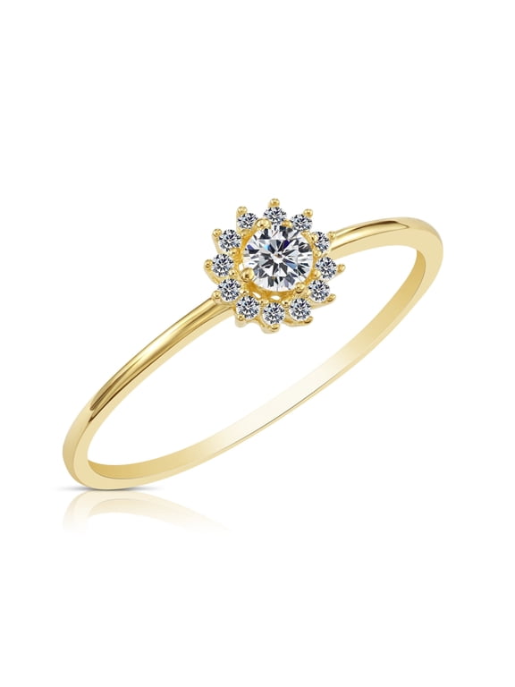 10K Yellow Gold Dainty Halo Flower Ring with Cubic Zirconia CZ Stones | Size 7 | Women & Unisex