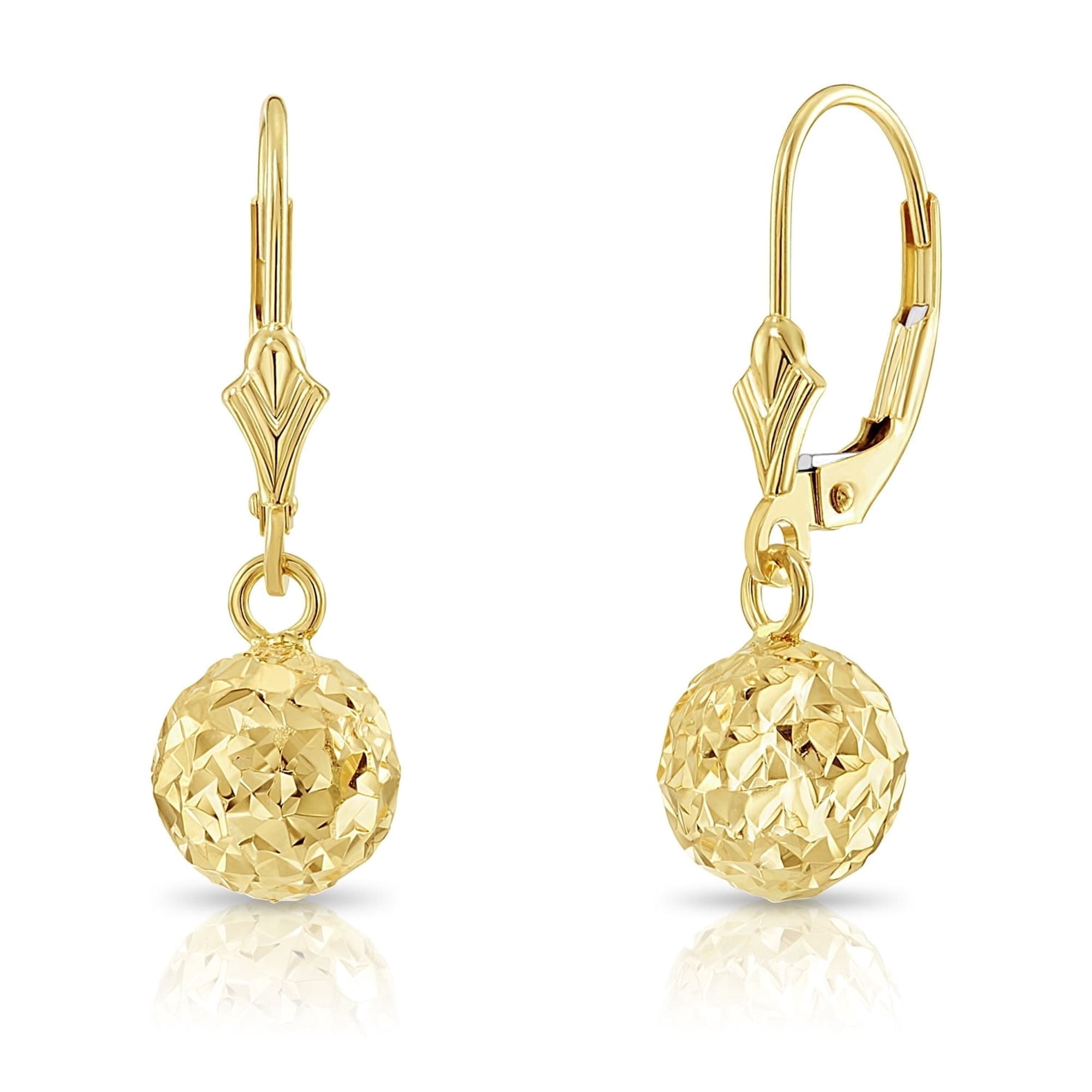 Tilo Jewelry 10K Yellow Gold Diamond-Cut Ball Drop Dangle Earrings with Secure Leaver-Backs | 7mm | Everyday Earrings for Women & Unisex