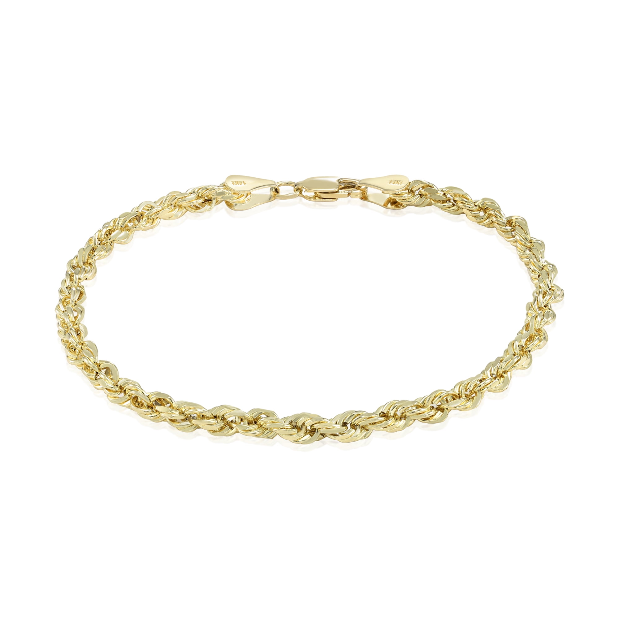 Tilo Jewelry 10K Yellow Gold Diamond-Cut Rope Chain Bracelet with Secure Lobster Lock | 4mm - 7.5 Inch | Everyday Bracelet for Men, Women, Unisex