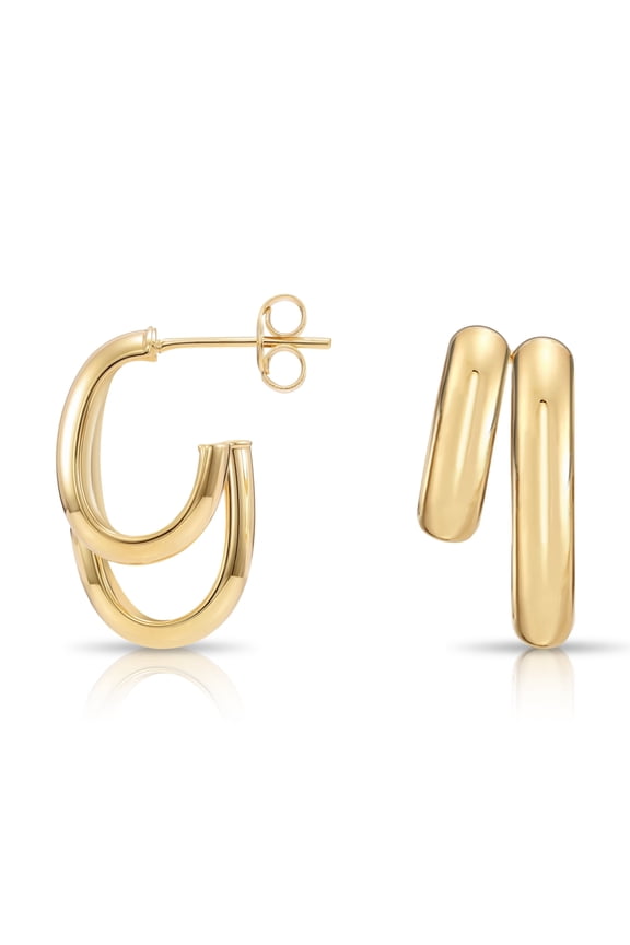 10K Yellow Gold Double Oval Chunky Italian Hoop Earrings | Secure Push-backs Post Sutds | 20mm | Women & Unisex