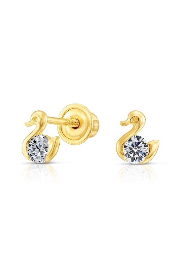 10k Yellow Gold Tiny Duck CZ Stud Earrings with Secure Screw-Backs