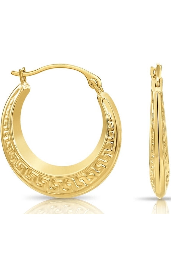 10K Yellow Gold Greek Key Round Hoop Earrings (18mm) for Women & Unisex