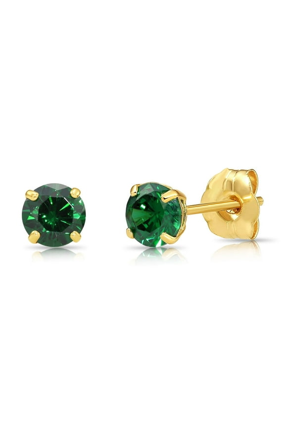 10K Yellow Gold Green Round Stud Post Earrings with Cubic Zirconia CZ Birthstone | May-Emerald | Women, Men, Unisex