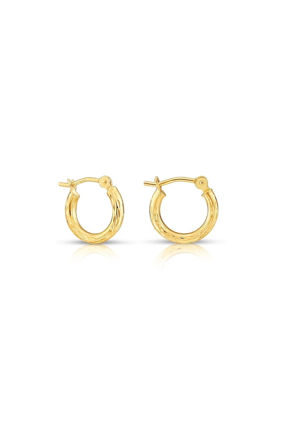 10K Yellow Gold Hand Engraved Full Diamond-Cut Round Hoop Earrings (12mm) for Women & Unisex