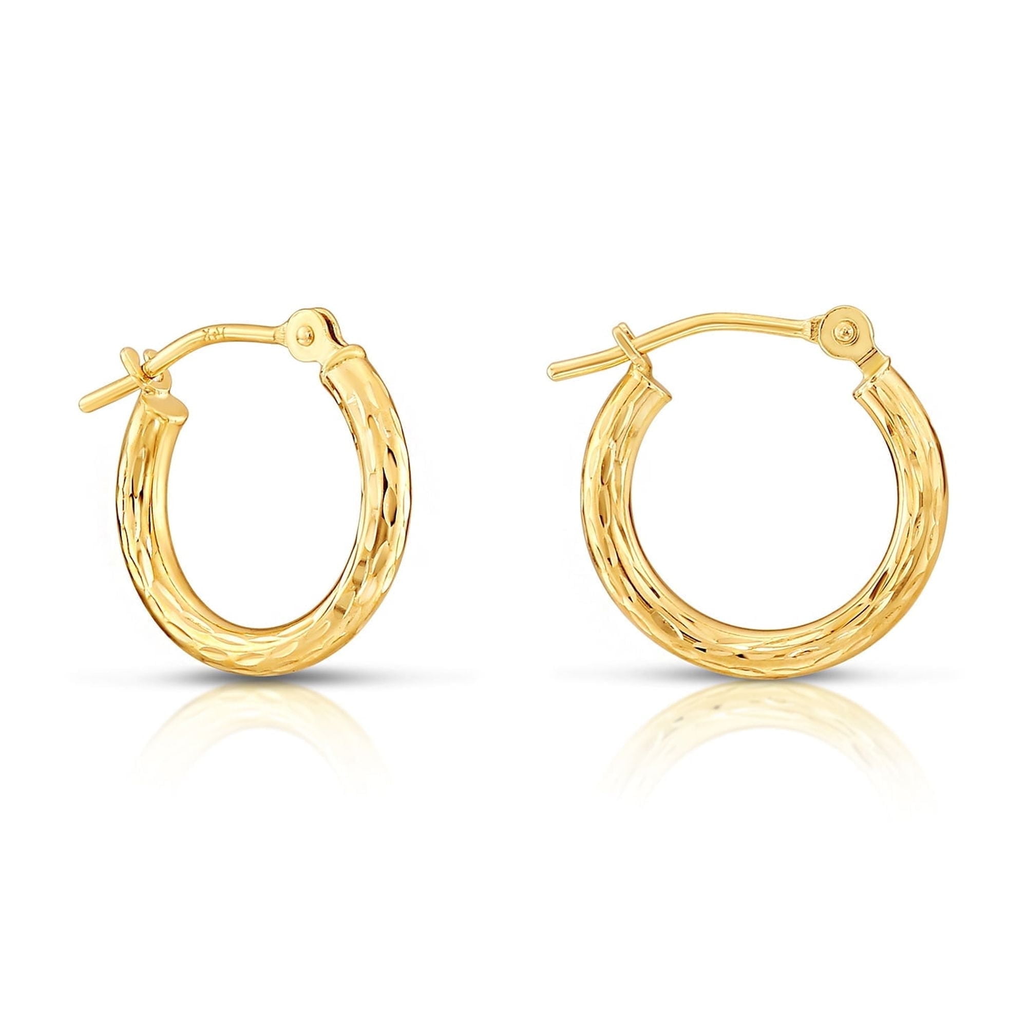Tilo Jewelry 10K Yellow Gold Hand Engraved Full Diamond-Cut Round Hoop Earrings (13mm) for Women & Unisex