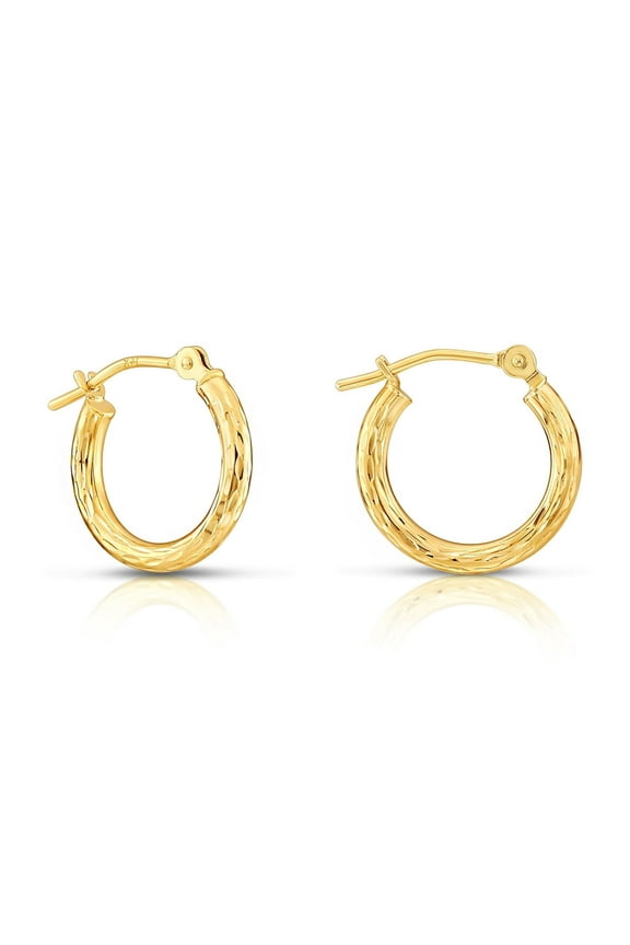 10K Yellow Gold Hand Engraved Full Diamond-Cut Round Hoop Earrings (14mm) for Women & Unisex